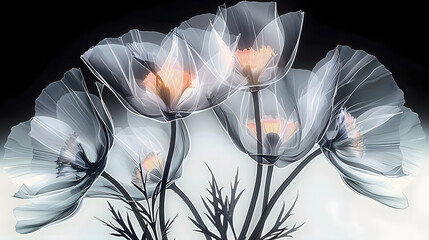 Wall Mural - X-ray scan of a bouquet of flowers, highlighting the stems, petals, and leaves.