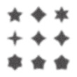 Dotwork star set. Dotted grain sparkles collection. Black noise texture vector