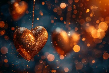 Poster - A shimmering golden heart hangs suspended amidst a bokeh effect background, evoking feelings of love and celebration