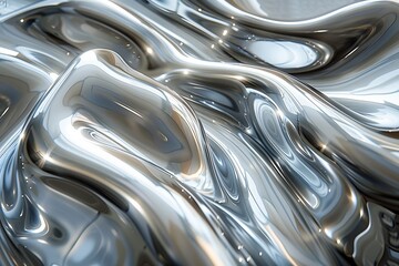 Poster - An abstract image highlighting reflective fluid silver waves and ripples creating a captivating texture
