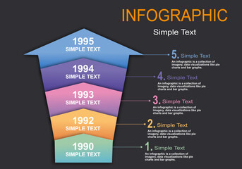 Fototapete - Vector infographic is vertical arrows with layered steps,timeline with clear color divisions on a modern style black gray background for presentations in administration,education,finance and planning.