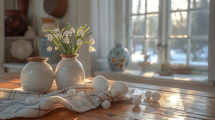 Wall Mural -   A wooden table topped with three white vases holding flowers and an egg resting on a cloth