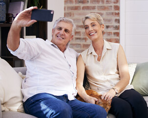 Poster - Mature couple, phone and selfie on couch for social media update, profile picture and memory together. Mobile, senior man and woman on sofa for online digital gallery and video call or photograph