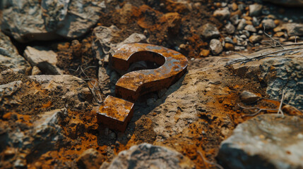 Rusty question mark embedded in dry, cracked earth symbolizing inquiry.