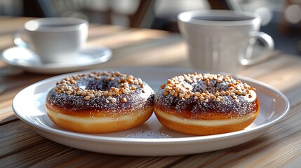   Two donuts sit on a white plate beside a cup of coffee and a saucer on a wooden table