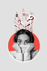 Sticker - Vertical collage image scared woman hide face peek bullying victim suffer mental pressure blame aggression drawing background