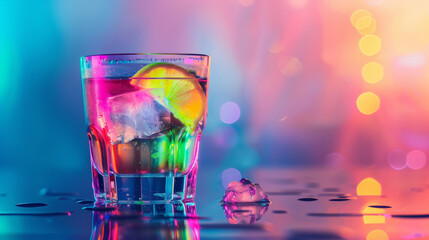 A colorful drink with a lime wedge in it is sitting on a table. The drink appears to be a cocktail. Glass of cocktail in hypnotic neon light. Colorful rave party drink