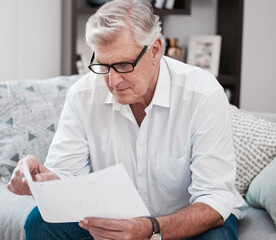 Canvas Print - Document, reading and senior man on sofa planning mortgage, bills and debt payments at home. Receipt, saving and elderly male person with finance paperwork for pension fund in living room at house.