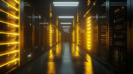 Wall Mural - Large server room with servers and fiber optics, lighted shelves with computers, computer networking