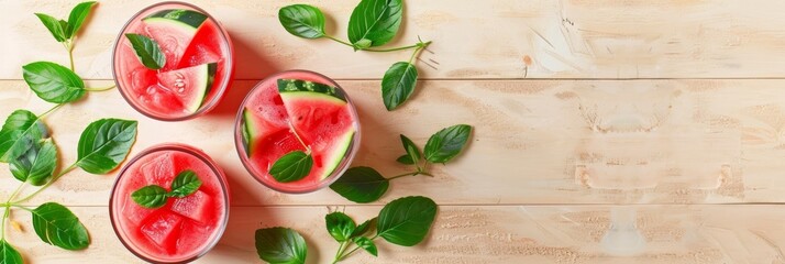 Wall Mural - Summers Freshness Watermelon Juice and Sliced Honeydew with Vibrant Green Leaves