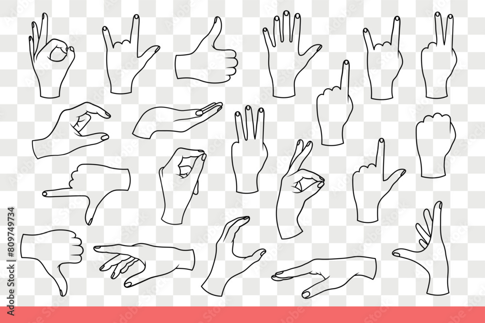 Various gestures are made with hands of woman signaling using arms. Set ...