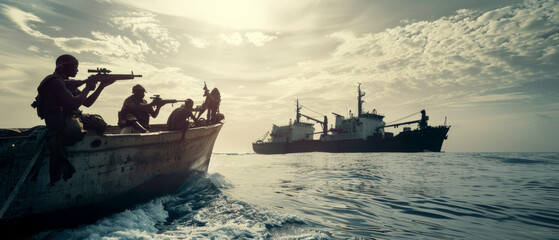 Armed guards on a skiff patrol the ocean near a large cargo ship under cloud-draped skies.