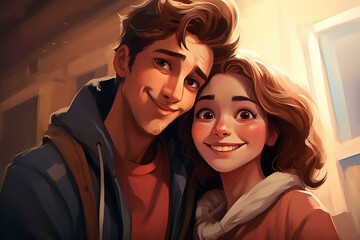 digital illustration of a modern. youthful. and vibrant animated couple taking a cheerful and happy 