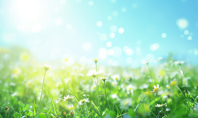 Wall Mural - blurred spring background with green grass and blue sky, spring nature blurred background with bokeh