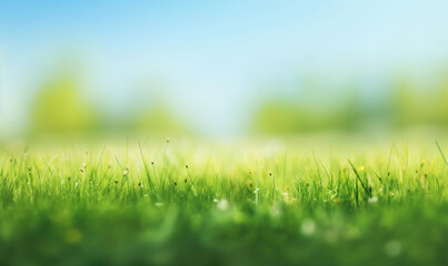 Wall Mural - blurred spring background with green grass and blue sky, spring nature blurred background with bokeh