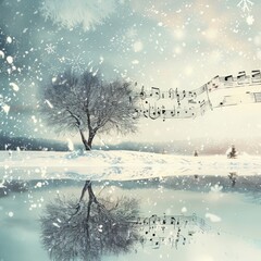 Wall Mural - Winter Music Collage, Surreal Trendy Contemporary Poster, Snowing Music Concept, Sounds of Nature