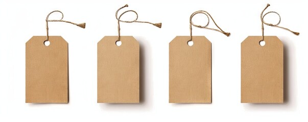 four brown tags with string on white background.