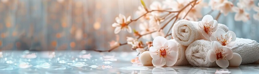 Minimalist style image of bath accessories on an isolated background for Mothers Day, conveying relaxation and care with space for text