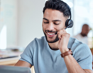 Aufkleber - Happy, headset and man in call center for consulting, networking and communication in office. Male telemarketer, smile and customer support in workplace with pride, service and job in online agency
