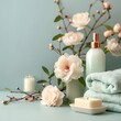© Naret - Bath accessories arranged minimally for Mothers Day, clean and isolated backdrop, with text space
