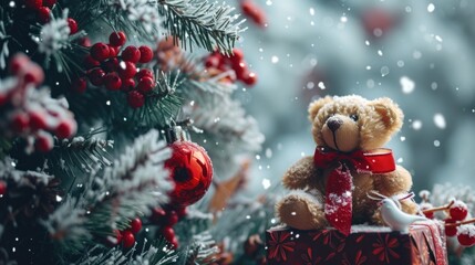 Poster - A bear is sitting on top of a red box with a red ribbon