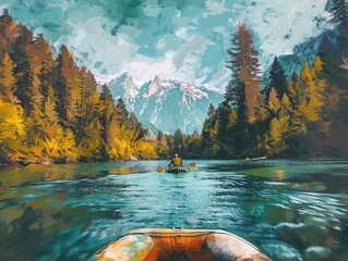 Canvas Print - A man paddles a canoe down a river surrounded by trees