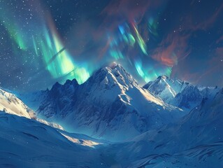 Wall Mural - The sky is filled with auroras and the mountains are covered in snow