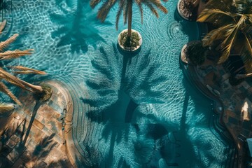 Wall Mural - Birdseye view of a pool area with palm trees casting shadows under sunlight