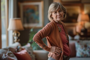 A middle-aged woman in casual home attire standing confidently with her hands on her hips in a living room