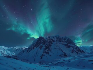 Wall Mural - The sky is filled with auroras and the mountains are covered in snow