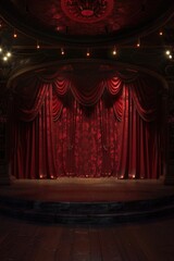 Poster - A red curtain hangs on a stage, and the stage is empty