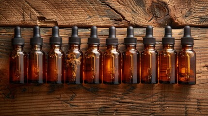 Wall Mural - cannabis oil in glass dropper bottles on a wooden table, promoting natural remedies with space for text, holistic concept