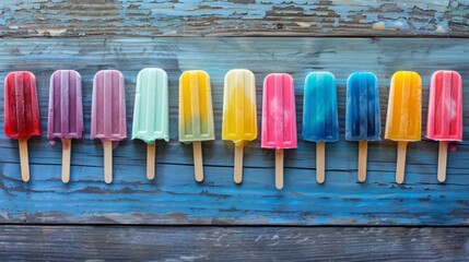 Sticker - colorful popsicles lined up on a wooden table, representing summer treats with space for text in the background