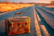 Suitcase on a deserted road, adventure and travel concept.