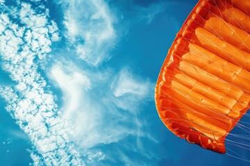 Wall Mural - A large orange parachute is flying in the sky above a blue sky