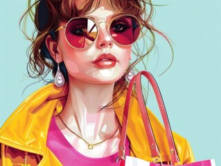 Poster - A woman wearing a yellow jacket and sunglasses is holding a pink purse