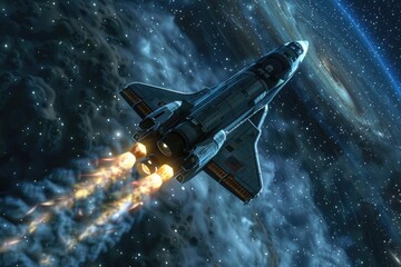 Wall Mural - a space shuttle is flying through the sky with a trail of fire behind it