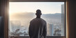 © sweet_mellow - Man Taking In The Sunrise Over The Cityscape. Contemplative Person in Modern Apartment. Generative AI