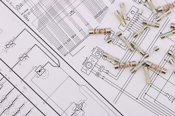 Wall Mural - Fuses for protection of electrical loads on an electronic diagram. Close-up.