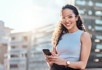 Poster - Corporate woman, portrait and phone in city with internet for online news, typing sms and business law job. Female employee, attorney and mobile outdoor for social media and chat app with lens flare