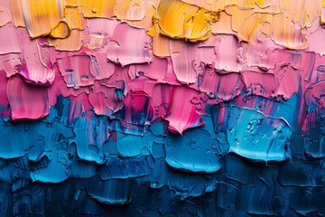 Poster - Close-up of a colorful textured oil painting, with thick impasto brushstrokes in pink, blue, and orange hues