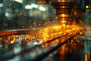 Poster - Dynamic machinery at work with orange sparks flying, representing industrial action and energy in a manufacturing setting