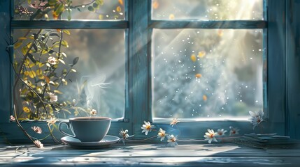 Serene scene with a steaming mug of coffee and space for your personal touch