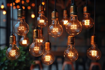 Poster - A collection of hanging filament light bulbs radiating a warm glow, symbolic of ideas and innovation in a dark setting