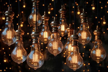 Poster - A captivating display of numerous glowing vintage bulbs against a dark, blurred background with a warm feeling