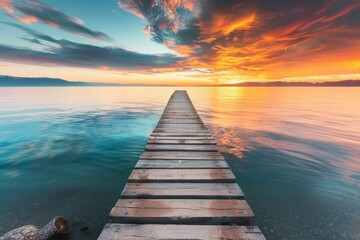 Wall Mural - A wooden dock stretches out into the ocean as the sun sets, casting vibrant colors across the sky and water