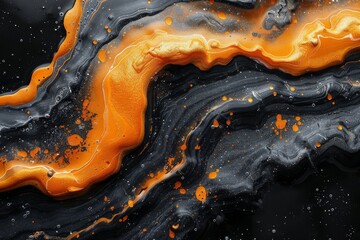 Poster - This image captures the complexity of fluid art, with swirling black and orange patterns and speckled details