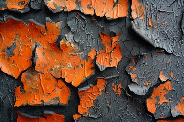 Poster - A close-up of chipped orange paint revealing a rough black surface underneath, emphasizing texture and decay
