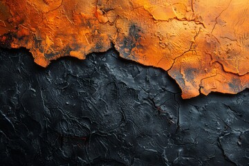 Poster - The image showcases a dynamic contrast between bright orange and deep black with a textured, peeling paint effect