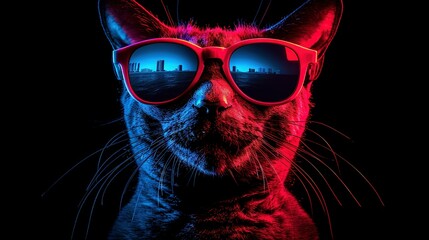 Wall Mural -   A close-up of a feline wearing sunglasses, with a city skyline reflected in its pupils